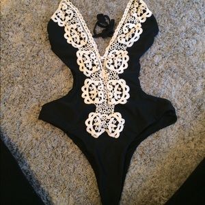 One piece black and white lace swimwear